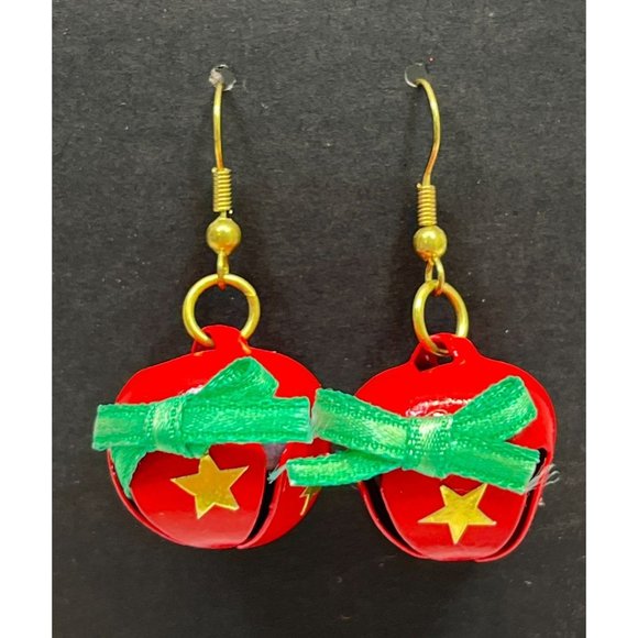 Vintage Jingle Sleigh Bells Earrings Red with Gold Stars Christmas Bells - Picture 6 of 6